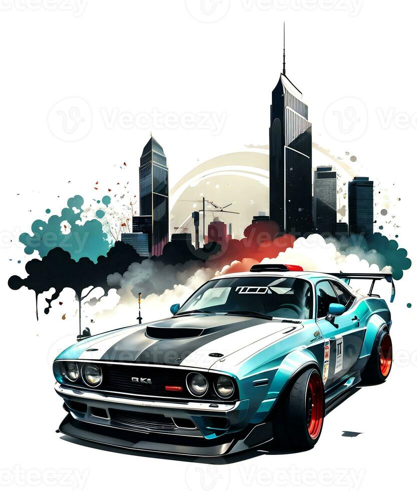 Racing car with ink style digital painting on sketch for t-shirt print. Generative Ai photo