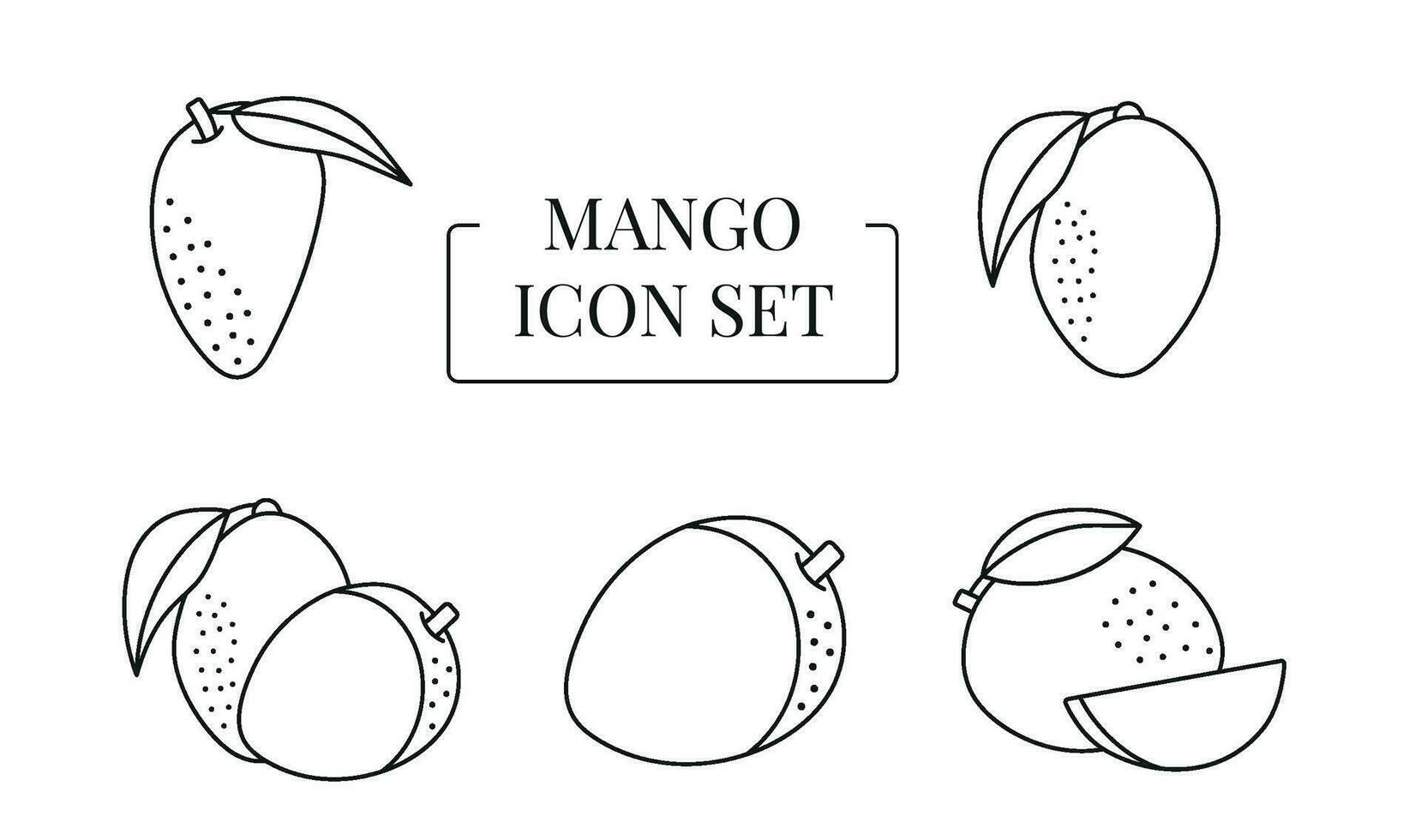 Mango fruit whole and half, cut into slices, set of line icons in vector