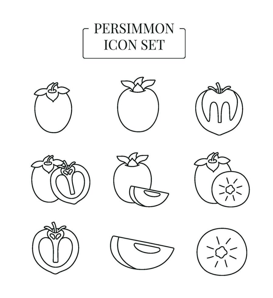 Fruit Persimmon whole and half, cut into slices, set of line icons in vector