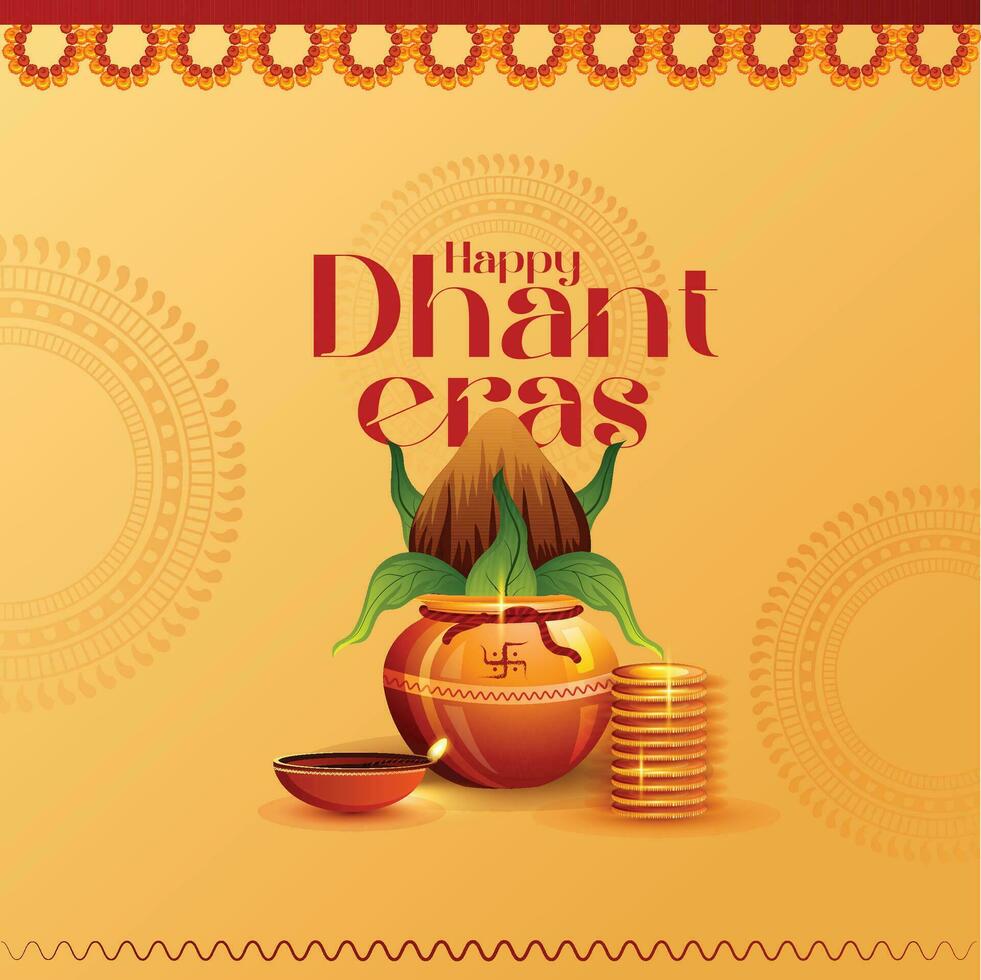 illustration of Gold coin in pot for Dhantera celebration on Happy Diwali light festival of India background vector