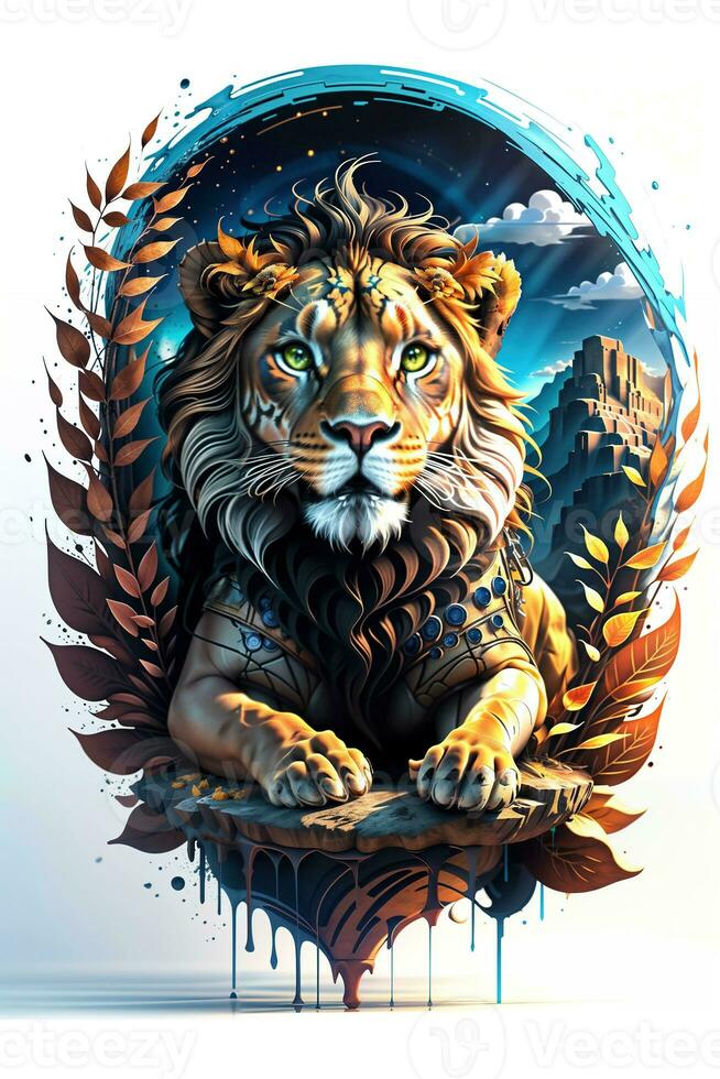 lion with oil painting on watercolor for t-shirt print. Generative Ai photo