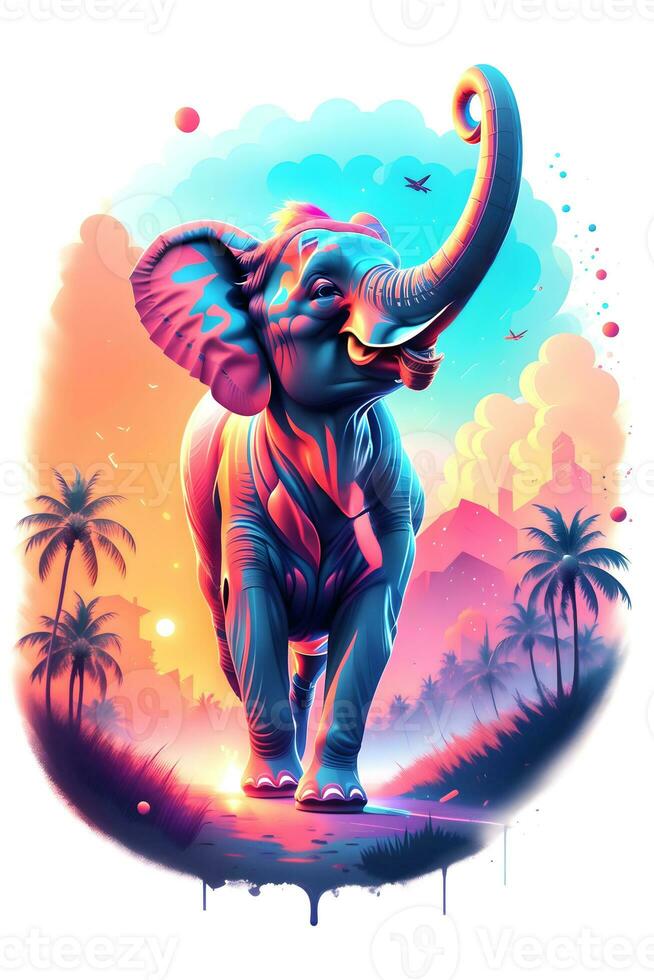 Elephant with oil painting on watercolor for t-shirt print. Generative Ai photo