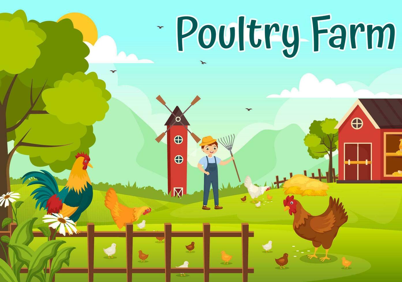 Poultry Farm Vector Illustration with Chickens, Roosters, Straw, Cage and Egg on Scenery of Green Field Background in Flat Cartoon Design