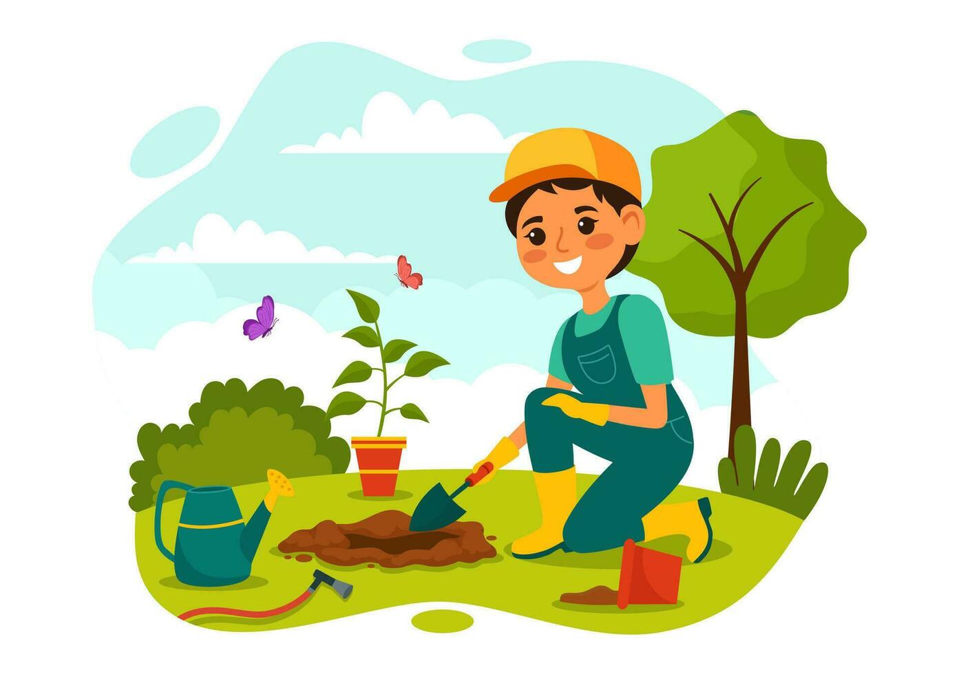 plantando plantas vector ilustración con personas disfrutar jardinería, planta, riego o excavación en el jardín en plano niños dibujos animados antecedentes diseño