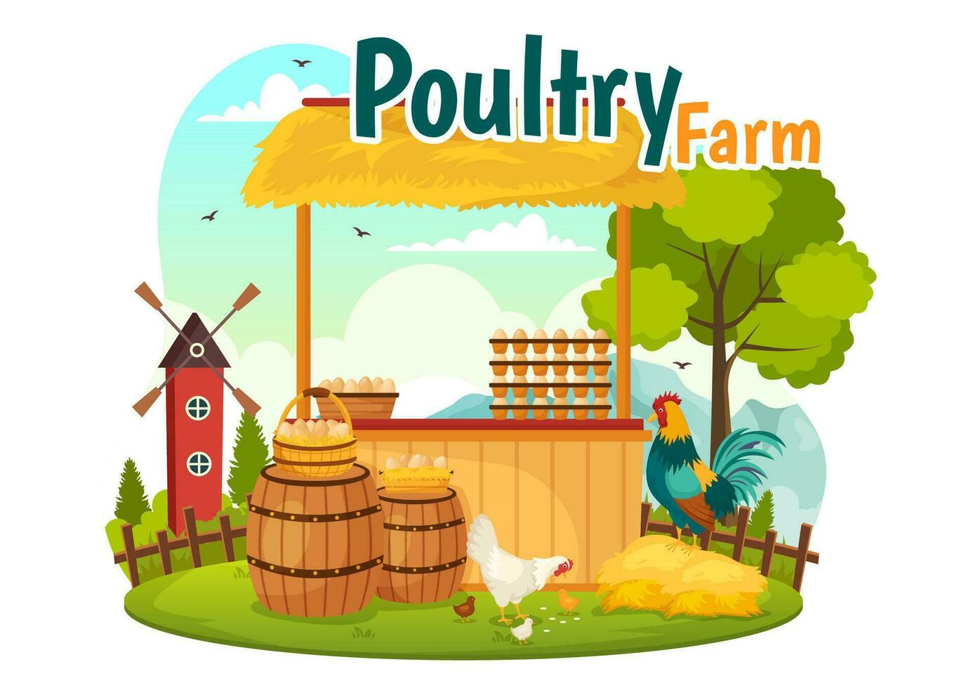 Poultry Farm Vector Illustration with Chickens, Roosters, Straw, Cage and Egg on Scenery of Green Field Background in Flat Cartoon Design