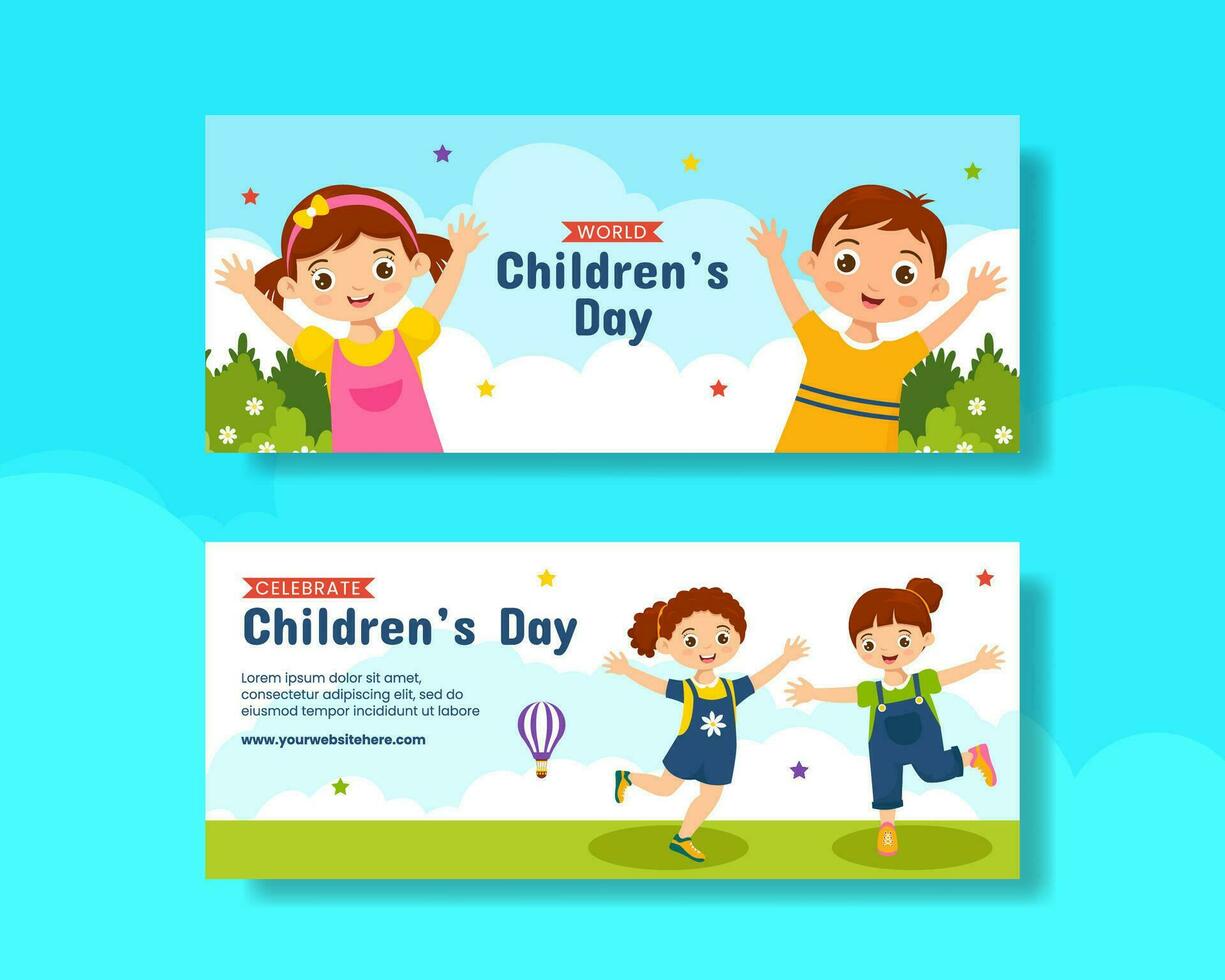 Children's Day Horizontal Banner Flat Cartoon Hand Drawn Templates Background Illustration vector