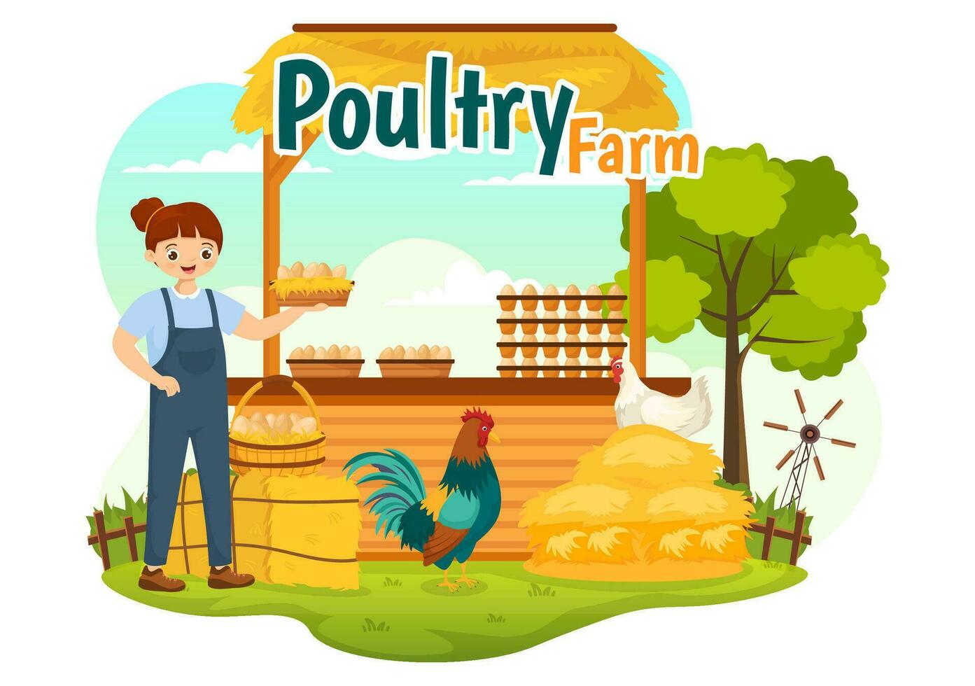 Poultry Farm Vector Illustration with Chickens, Roosters, Straw, Cage and Egg on Scenery of Green Field Background in Flat Cartoon Design