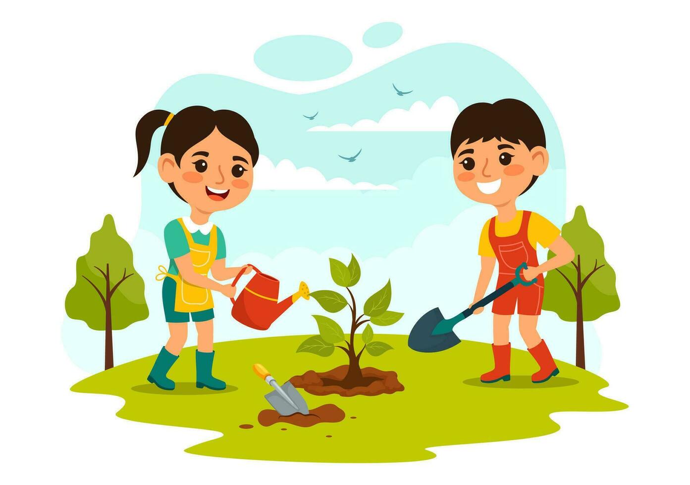 plantando plantas vector ilustración con personas disfrutar jardinería, planta, riego o excavación en el jardín en plano niños dibujos animados antecedentes diseño