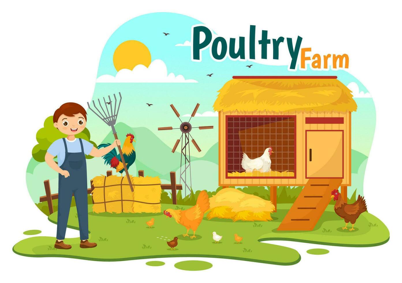 Poultry Farm Vector Illustration with Chickens, Roosters, Straw, Cage and Egg on Scenery of Green Field Background in Flat Cartoon Design