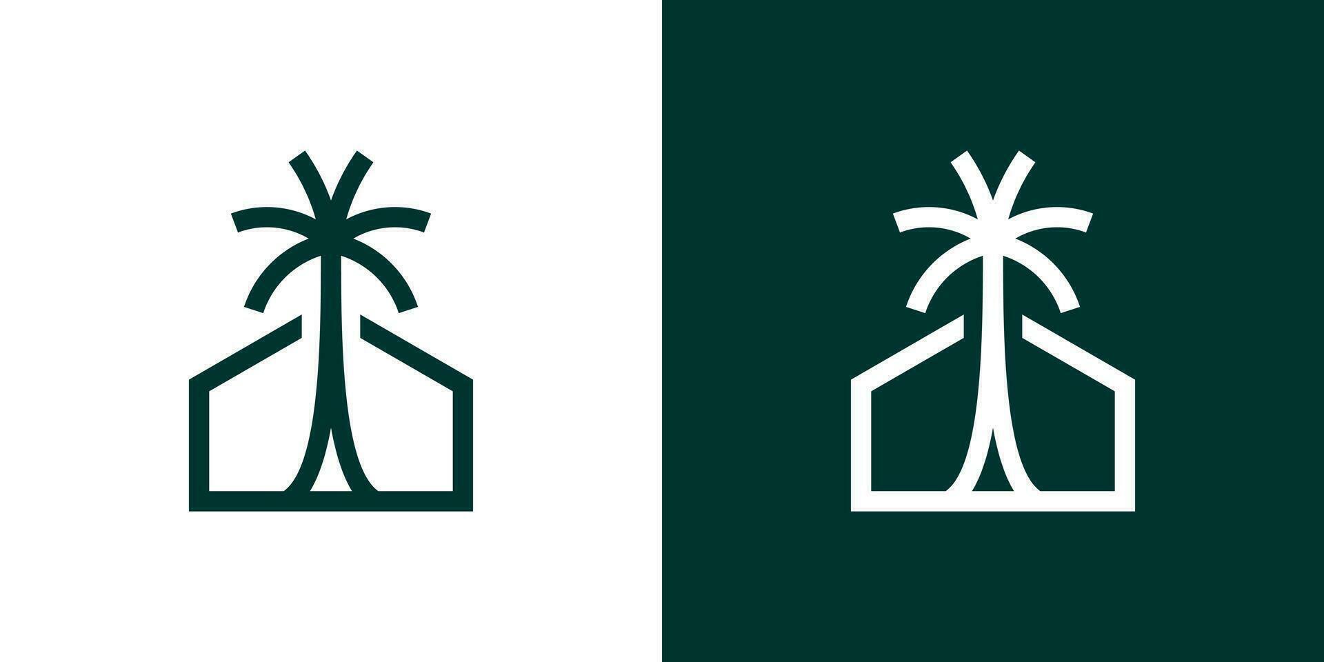 logo design combining a house building with palm trees. vector