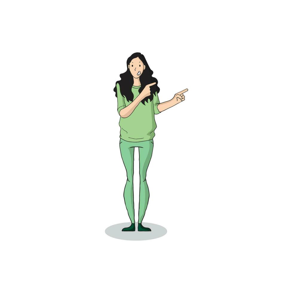 a woman with long hair was pointing to the side with both hands vector