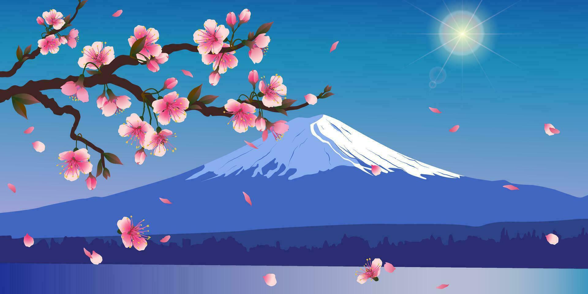 Japanese Nightingale on a branch of cherry blossoms. Hanami in Japan. Pink Sakura and Uguisu. Songbird symbol of spring and love isolated on a white background. Vector illustration.