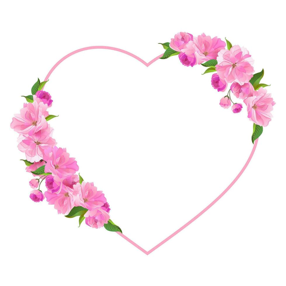 San Valentín día tarjeta con rosado flores en el forma de un corazón. vector ilustración. un guirnalda de Cereza flores primavera Cereza flores símbolo de amor.