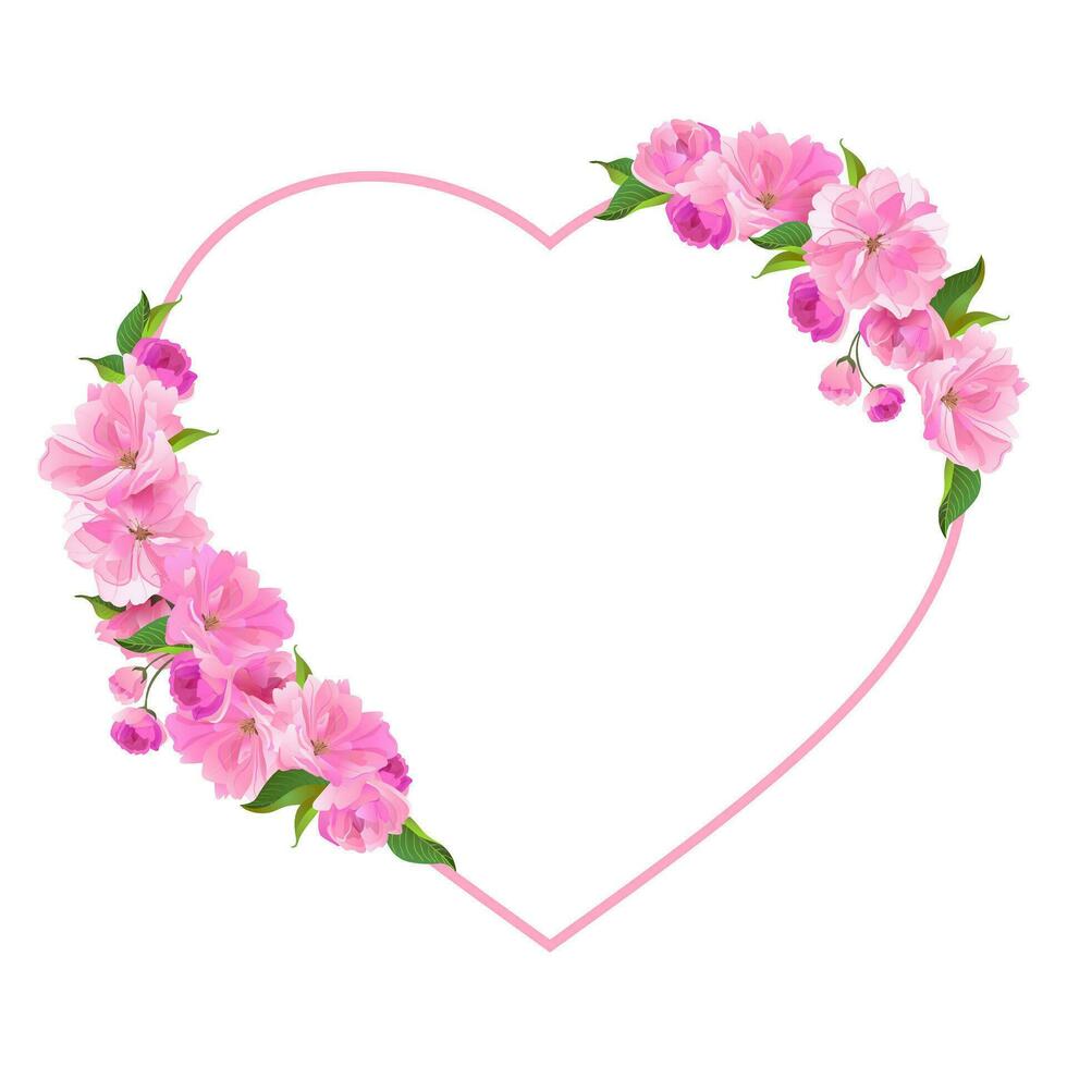 Valentine's day card with pink flowers in the shape of a heart. Vector illustration. A wreath of cherry blossoms. Spring cherry blossoms. Symbol of love.