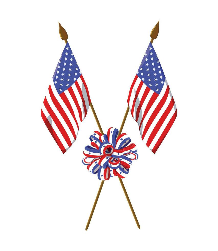 US flags and a striped ribbon bow on a white background. Vector elements for the design of greeting cards for the US Independence Day and Memorial Day.