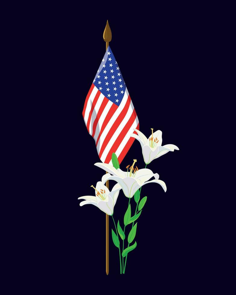 A small American flag, white lilies. Vector illustration.