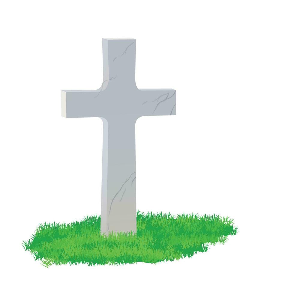 Cartoon grave. A memorial cross made of gray marble on a green lawn. Vector illustration of the cemetery.