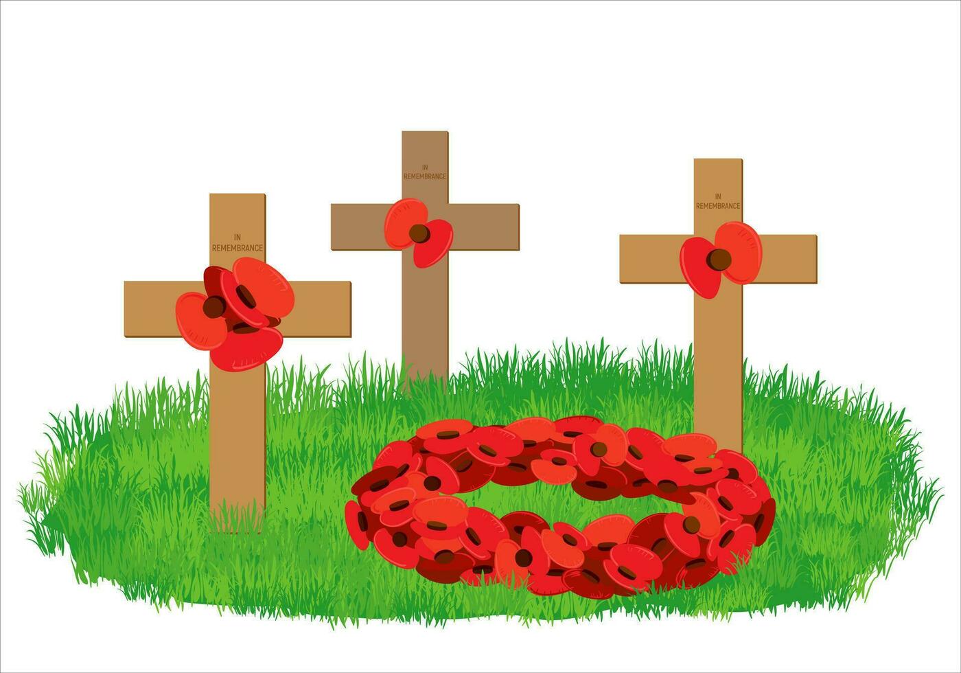 Cross with red flowers, wreath of red poppies. On Memorial Day, the grave and monument are decorated with a flower wreath. UK and Canadian date. Remembrance Sunday. vector