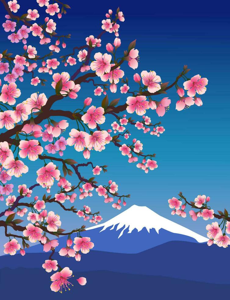 The snowy peak of mount Fuji. Branch of Sakura on the background of blue sky and mountain. Spring cherry blossoms. vector