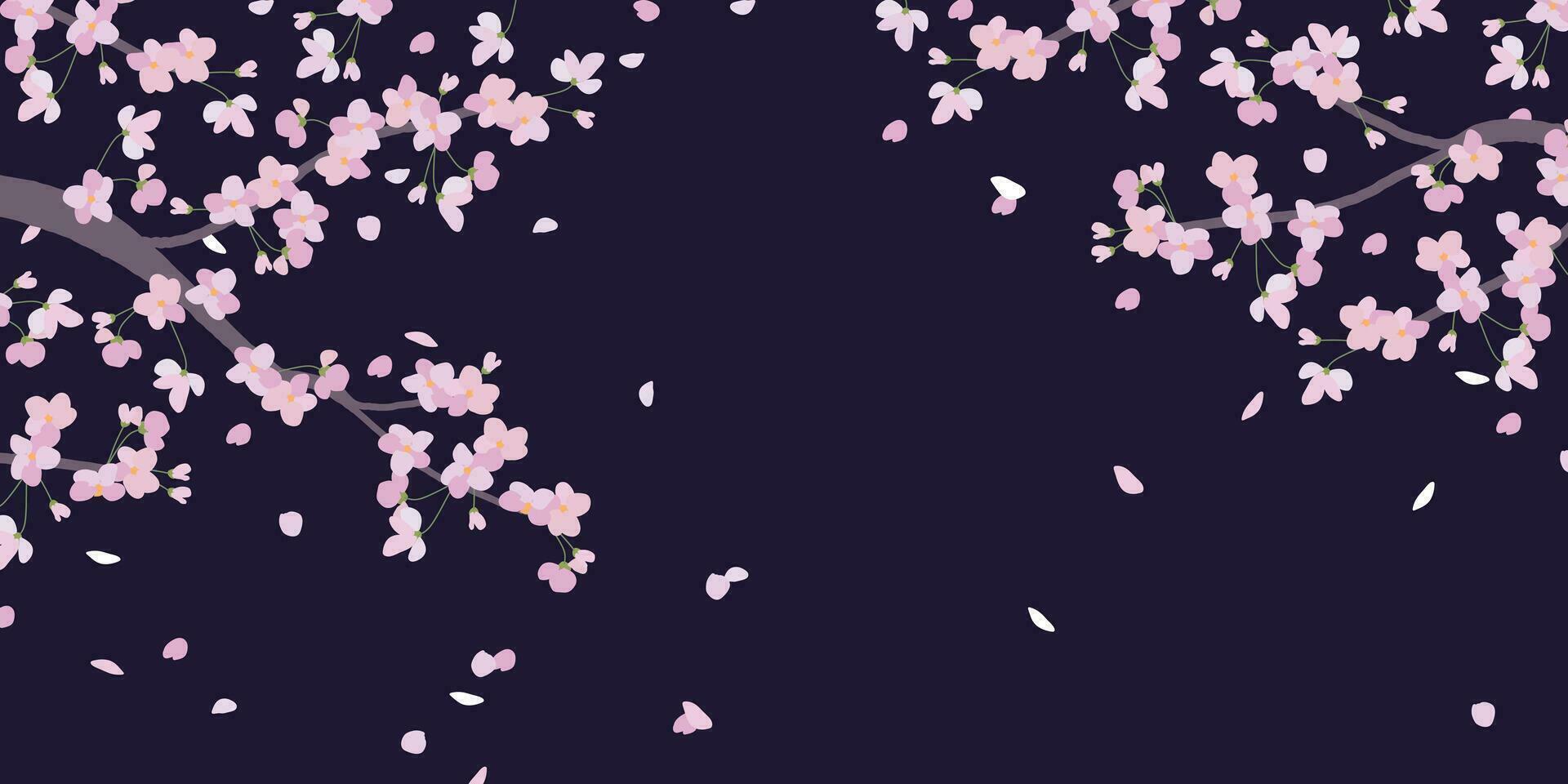 floreciente ramas de rosado Cereza arboles en un plano estilo. el efecto de soplo viento y volador pétalos japonés tradicional hanami, San Valentín día, de la madre día. hermosa Cereza aislado en negro. vector