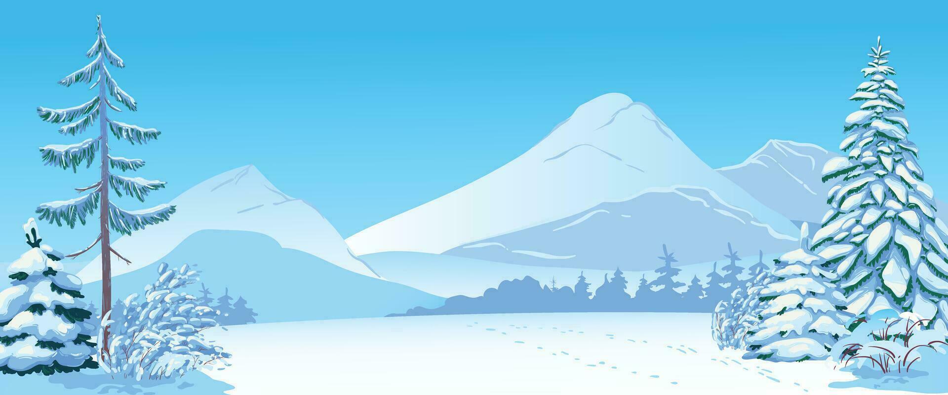 Winter scene with white snow. Vector illustration. Snow-covered trees against the backdrop of forests and mountains. Snowdrifts sparkling in frost and frozen firs. Christmas horizontal scene.