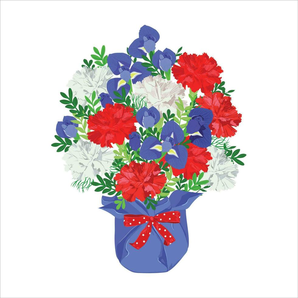 un ramo de flores de azul iris, rojo y blanco claveles el flores en el maceta son decorado con un rojo cinta con estrellas. flor arreglo para decoración para el independencia día de el unido estados vector