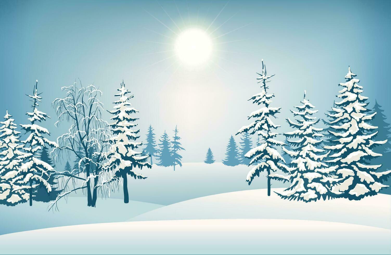 Snow-covered trees on the background of the forest. Snow drifts glistened on the cold and frozen fir trees. Christmas background. Vector illustration.