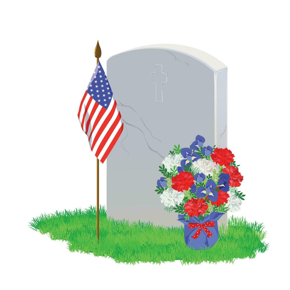 A white marble tombstone on the green grass.A bouquet of white, blue and red flowers. An American flag adorns the grave on Memorial Day. Vector illustration.