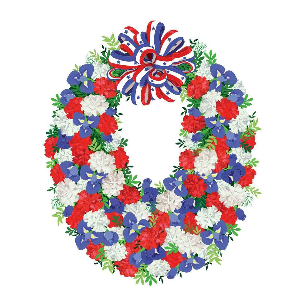 A wreath of white, blue and red flowers. Funeral composition with carnations and irises. Vector element for commemoration of Memorial Day in the United States