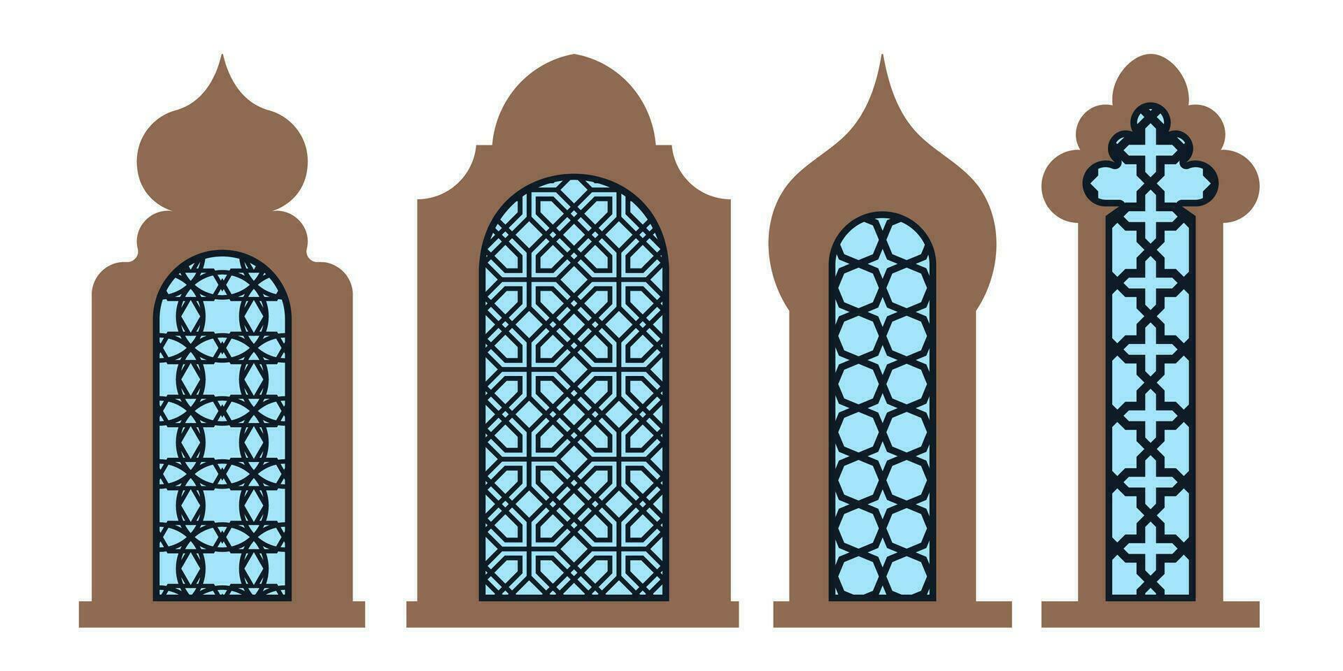 Collection of arabian oriental windows, arches and doors. Laser cut grill. Modern design in black fo frames Mosque dome and lanterns Islamic ramadan kareem and eid mubarak style. Vector illustration