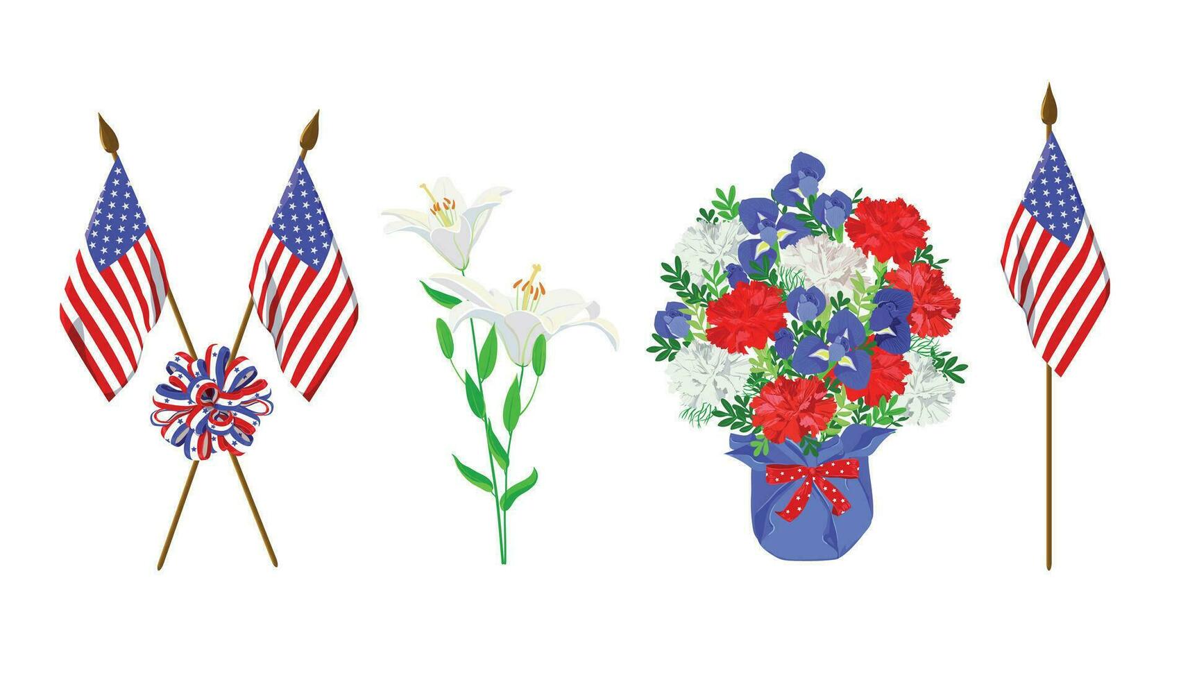 US flags, lilies, striped ribbon, a bouquet of red, blue and white flowers. Vector set of elements for the design of commemorative cards for the Memorial Day.