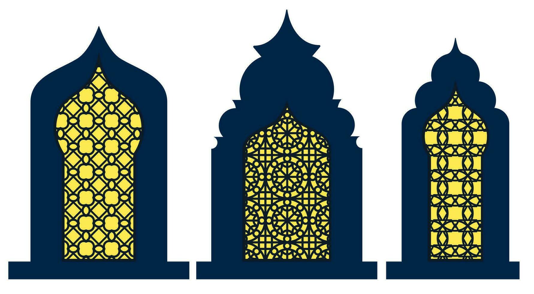 Collection of arabian oriental windows, arches and doors. Laser cut grill. Modern design in black fo frames Mosque dome and lanterns Islamic ramadan kareem and eid mubarak style. Vector illustration