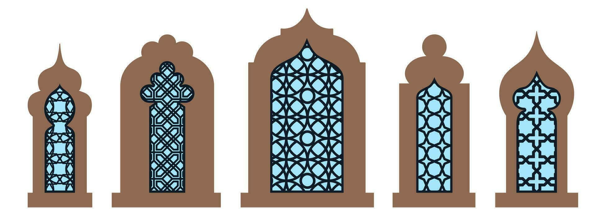 Collection of arabian oriental windows, arches and doors. Laser cut grill. Modern design in black fo frames Mosque dome and lanterns Islamic ramadan kareem and eid mubarak style. Vector illustration