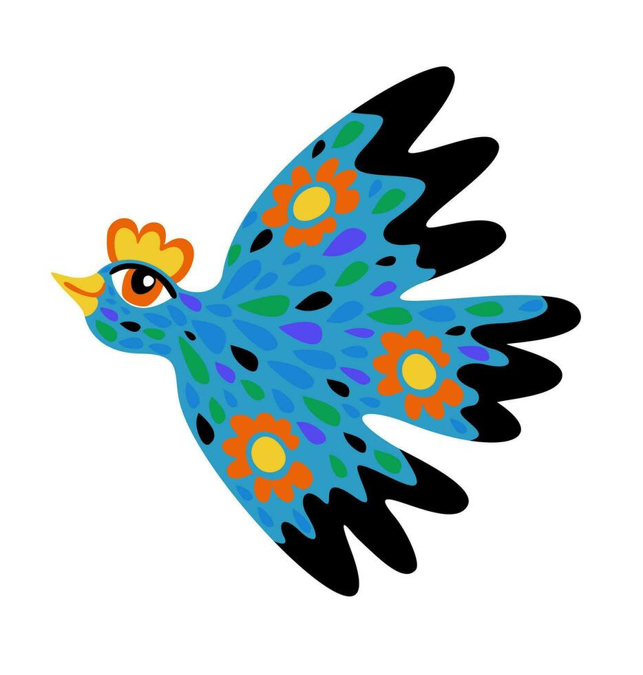 Bright folk decorative bird. Vector isolated illustration