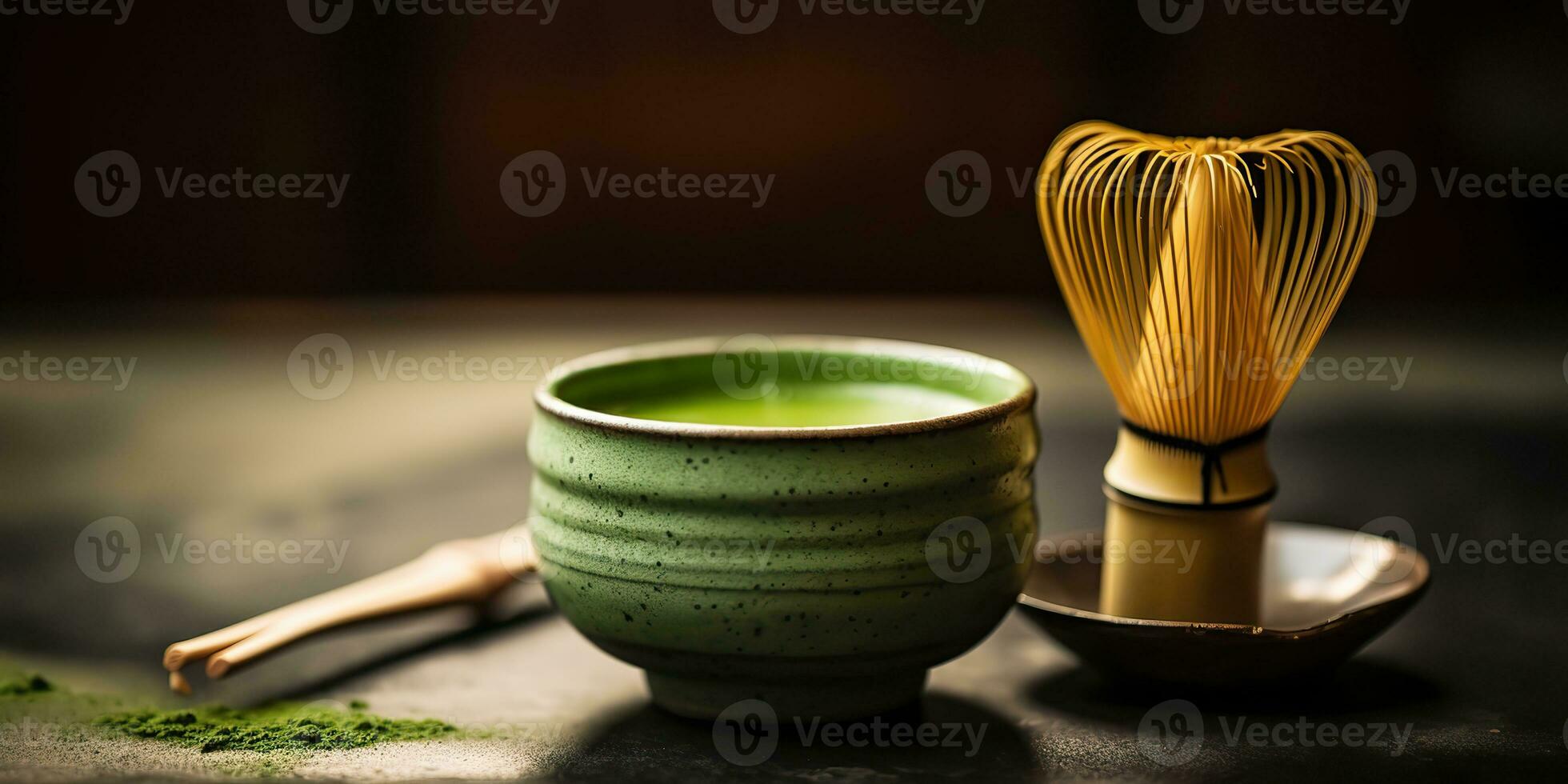 AI Generated. AI Generative. Traditional japanese asian matcha tea ceremony. Bowl, wooden dry organic spoon powder. Graphic Art photo