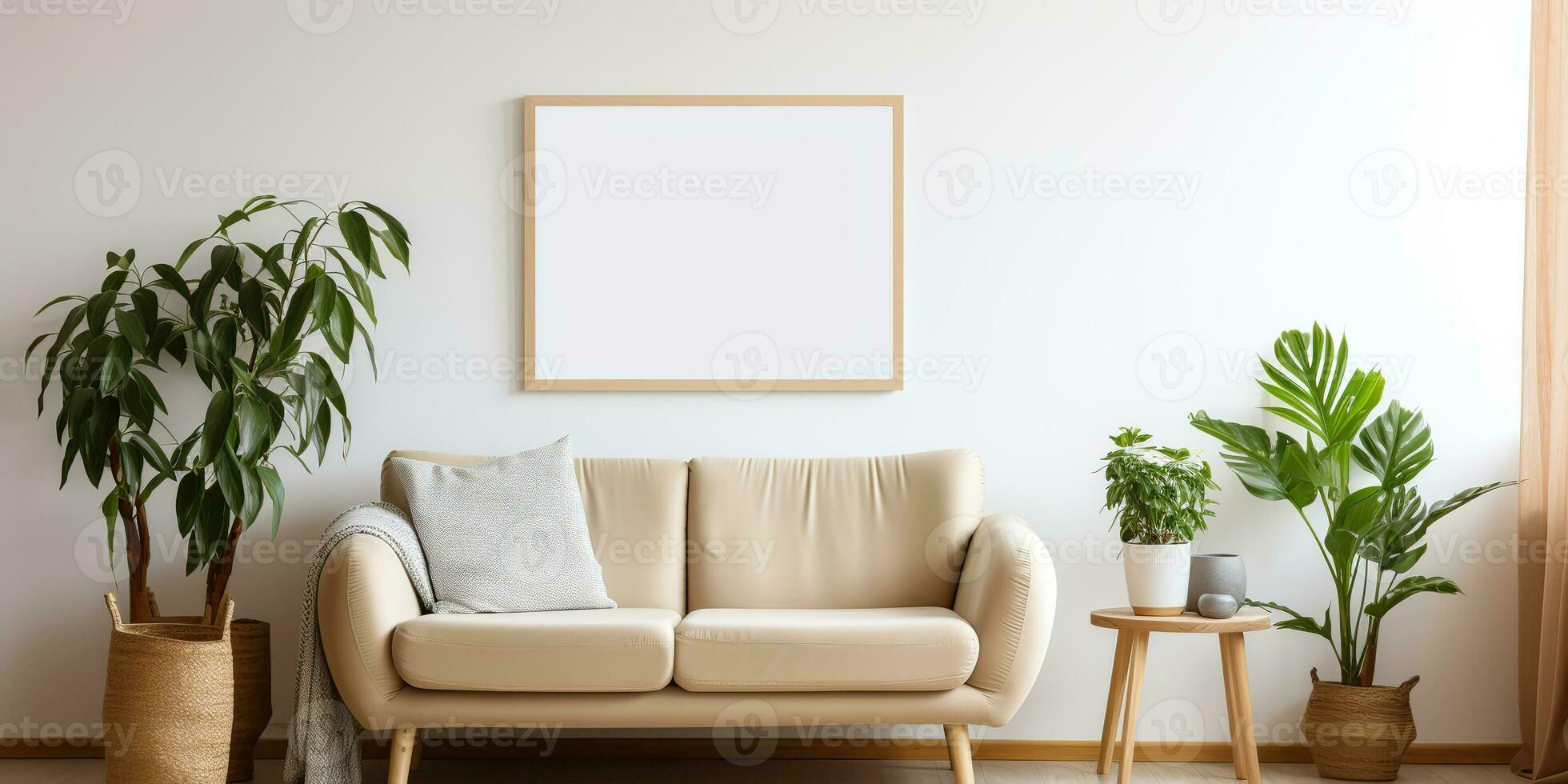 AI Generated. AI Generative. Cozy home mockup wall living room decoration frame background with plants and sofa. Graphic Art photo