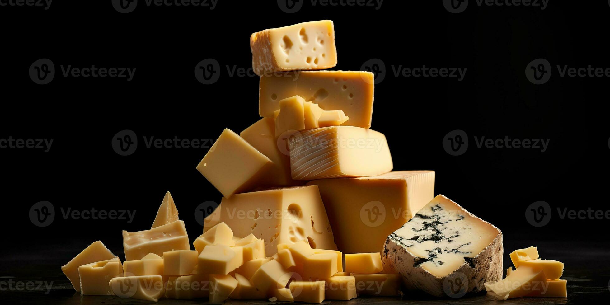 AI Generated. AI Generative. Different cheese parts on black background mock up. Graphic Art photo