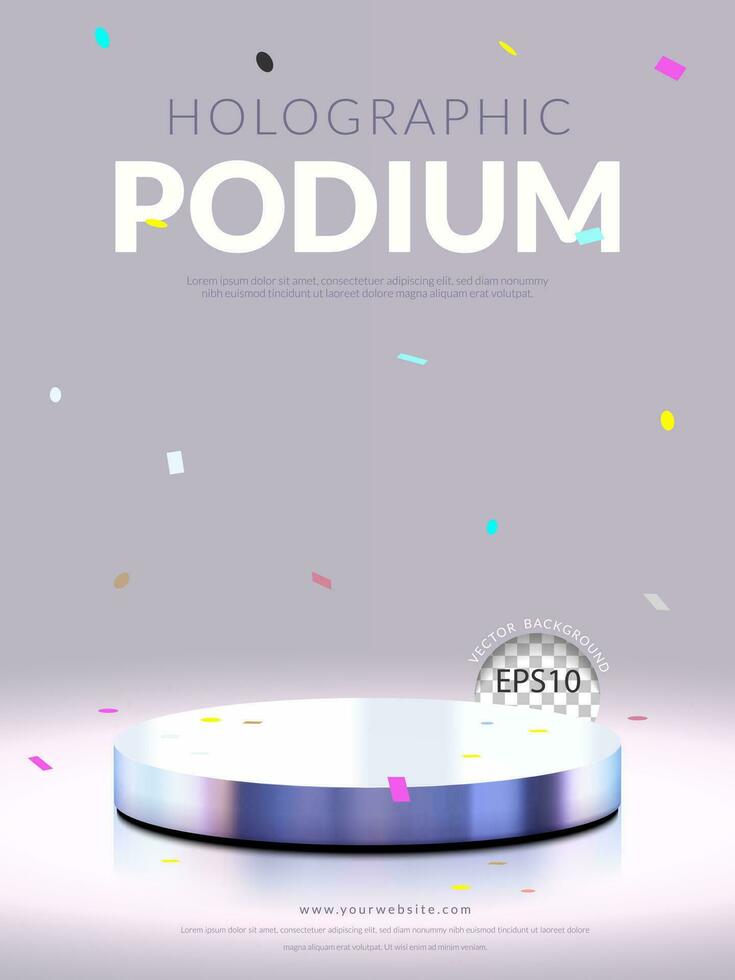 3D holographic podium stage product stand with confetti on white background. Vertical . Vector illustration