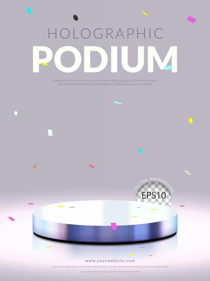 3D holographic podium stage product stand with confetti on white background. Vertical . Vector illustration