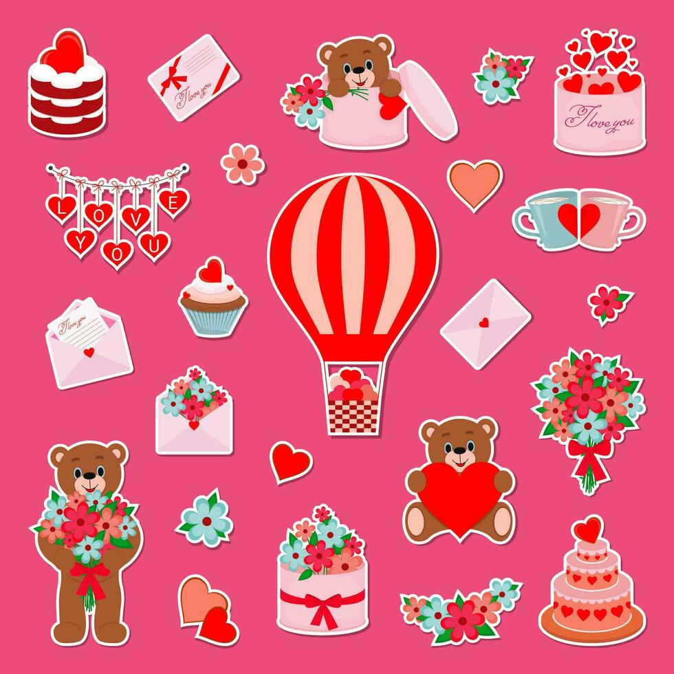 Vector illustration Set of Valentine's Day illustrations in flat cartoon design. Cute stickers and pictures symbolizing Valentine's Day.