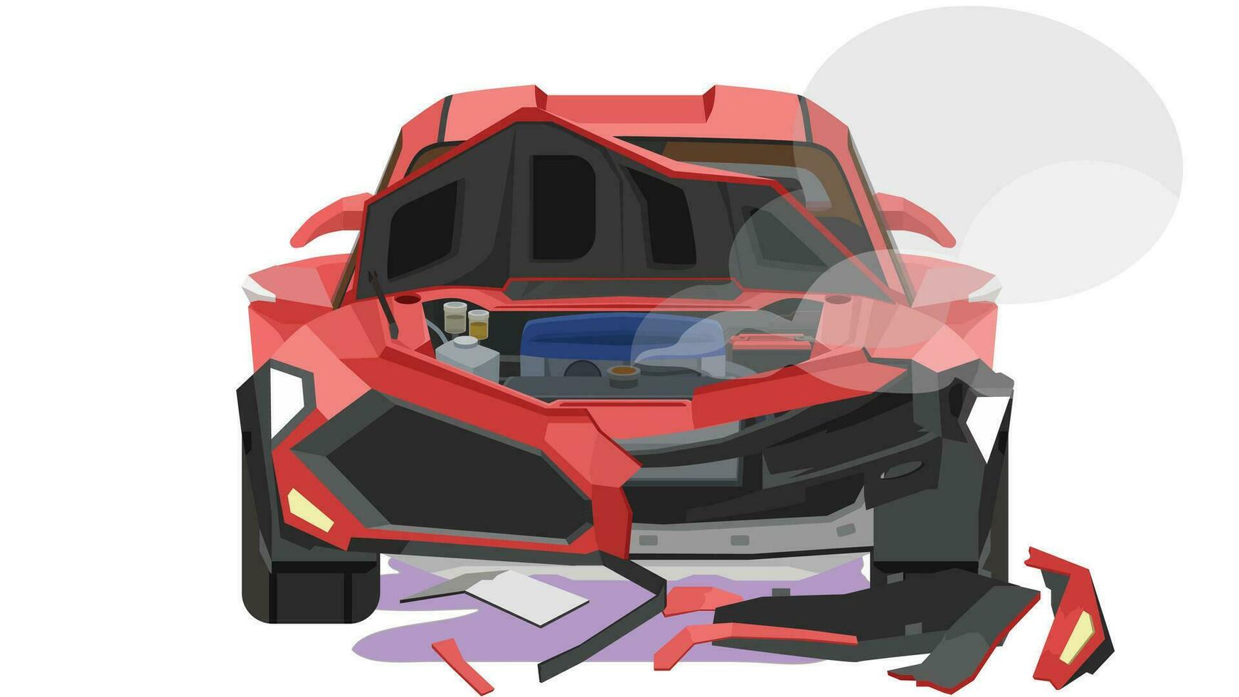 Vector or Illustrator front view of car. Sport car red color. Separating the front and interior layers of the car. Front grille was broken, smoke was billowing and oil was leaking. on white isolated.