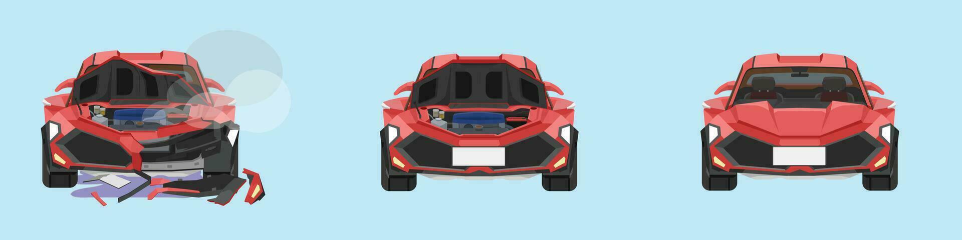 Cartoon vector or illustration. Status of the sport red car from normal car to the car was slightly damaged. Until the car was severely damaged.