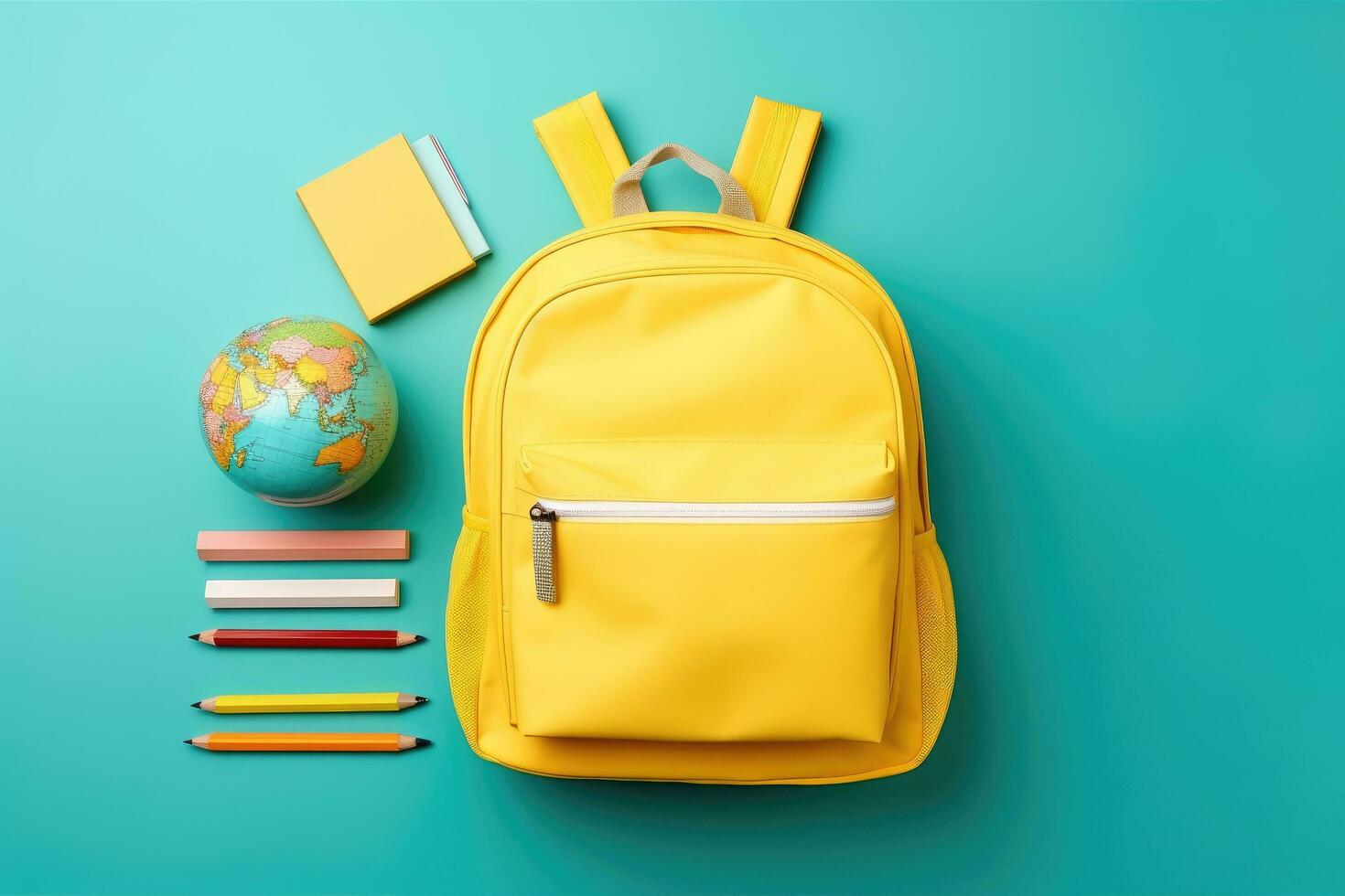 School backpack with stationery on color background. Back to school concept, Back to school concept. Backpack with school supplies. Top view, AI Generated photo