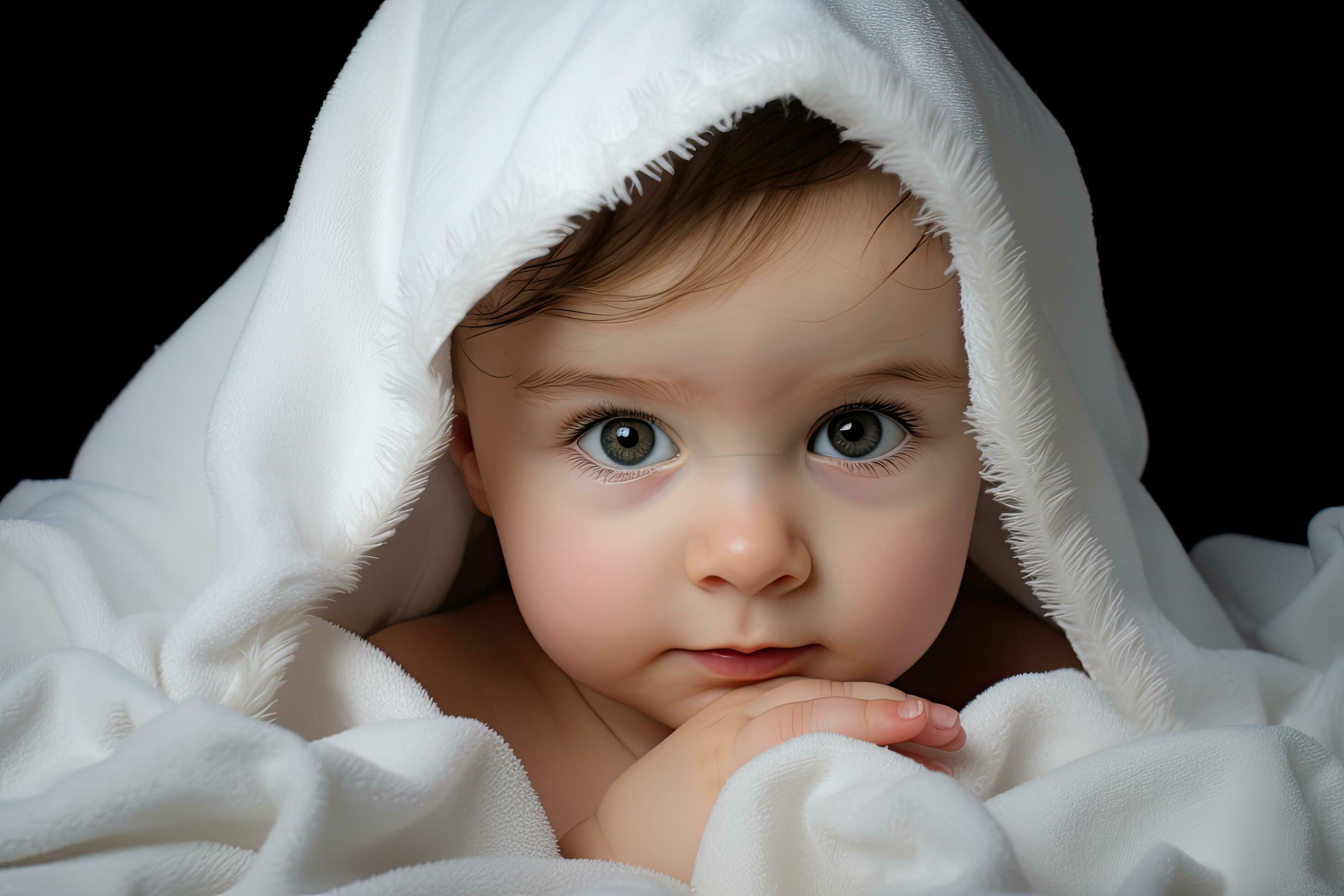 Portrait of a cute baby in a white blanket on a black background, baby