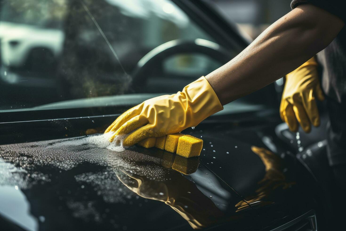 de cerca de masculino manos en amarillo guantes limpieza coche con esponja. auto  limpieza Servicio limpiar coche adentro, ai generado 29456754 Foto de stock  en Vecteezy