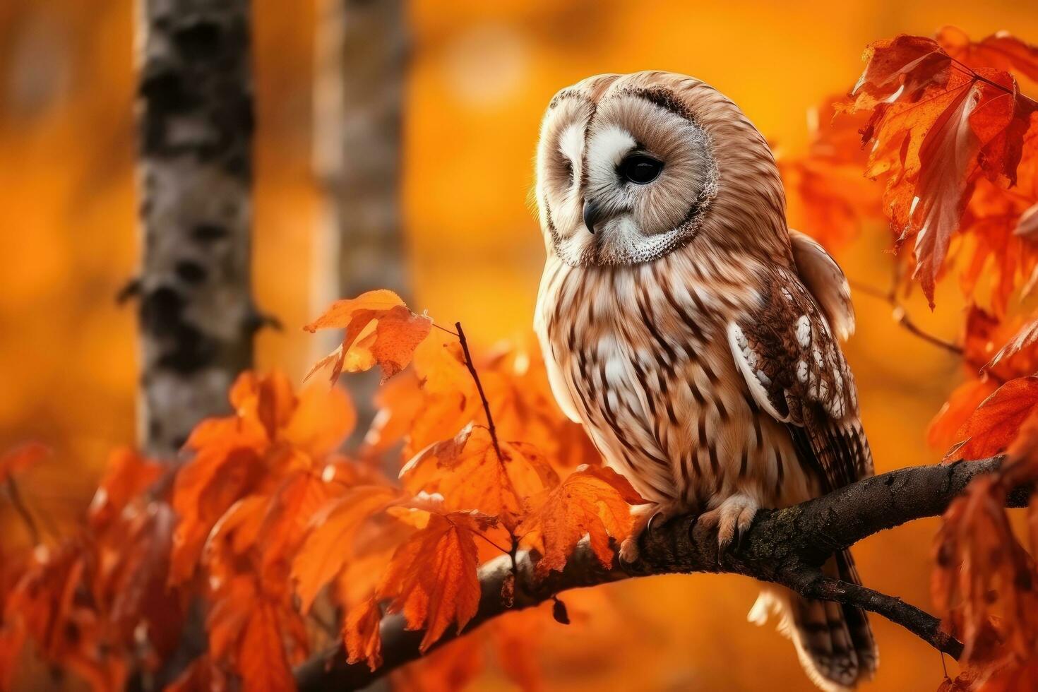 Tawny Owl Strix aluco sitting on a branch in autumn forest, Autumn in nature with owl. Ural Owl, Strix uralensis, sitting on tree branch with orange leaves in oak forest, Norway, AI Generated photo