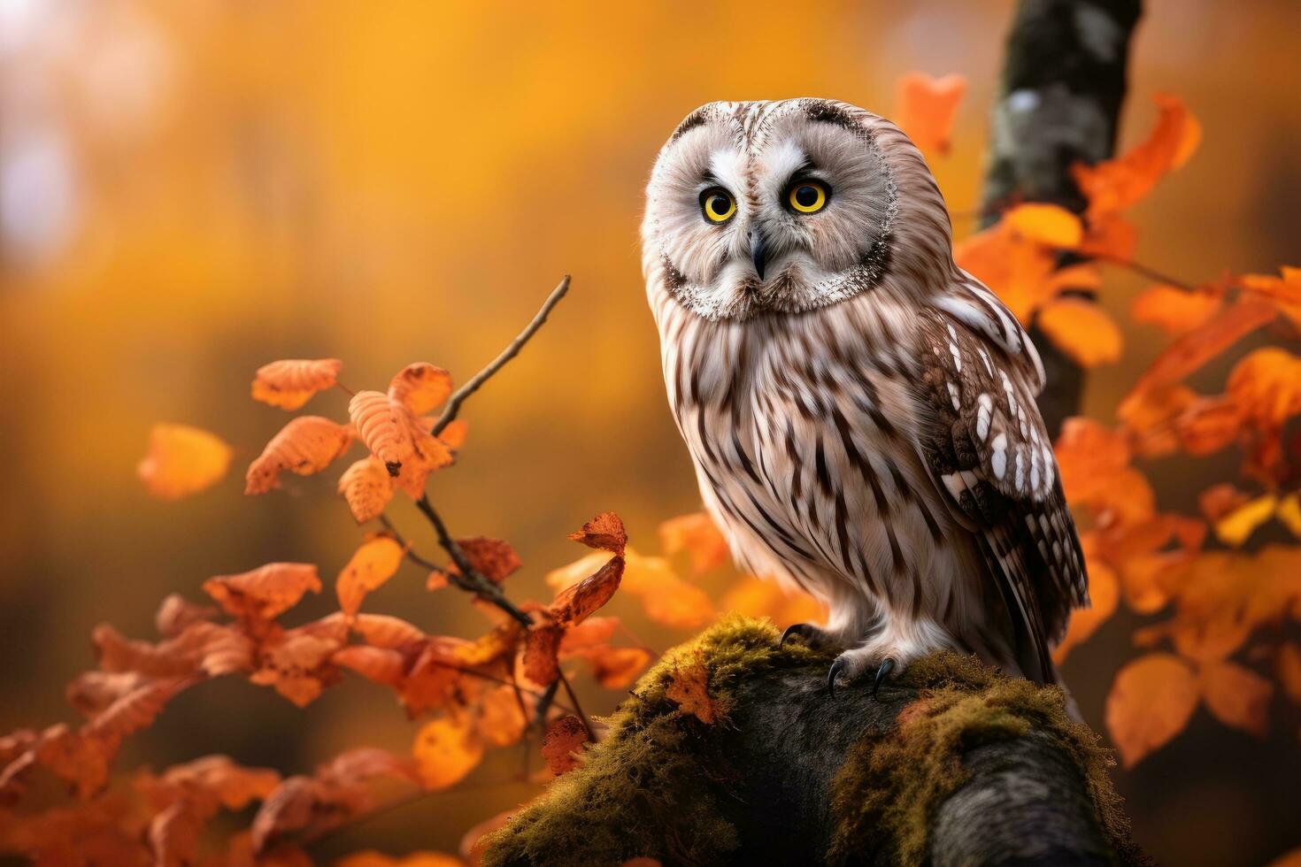 Beautiful owl sitting on a tree branch in the autumn forest. Autumn in nature with owl. Ural Owl, Strix uralensis, sitting on tree branch with orange leaves in oak forest, Norway, AI Generated photo