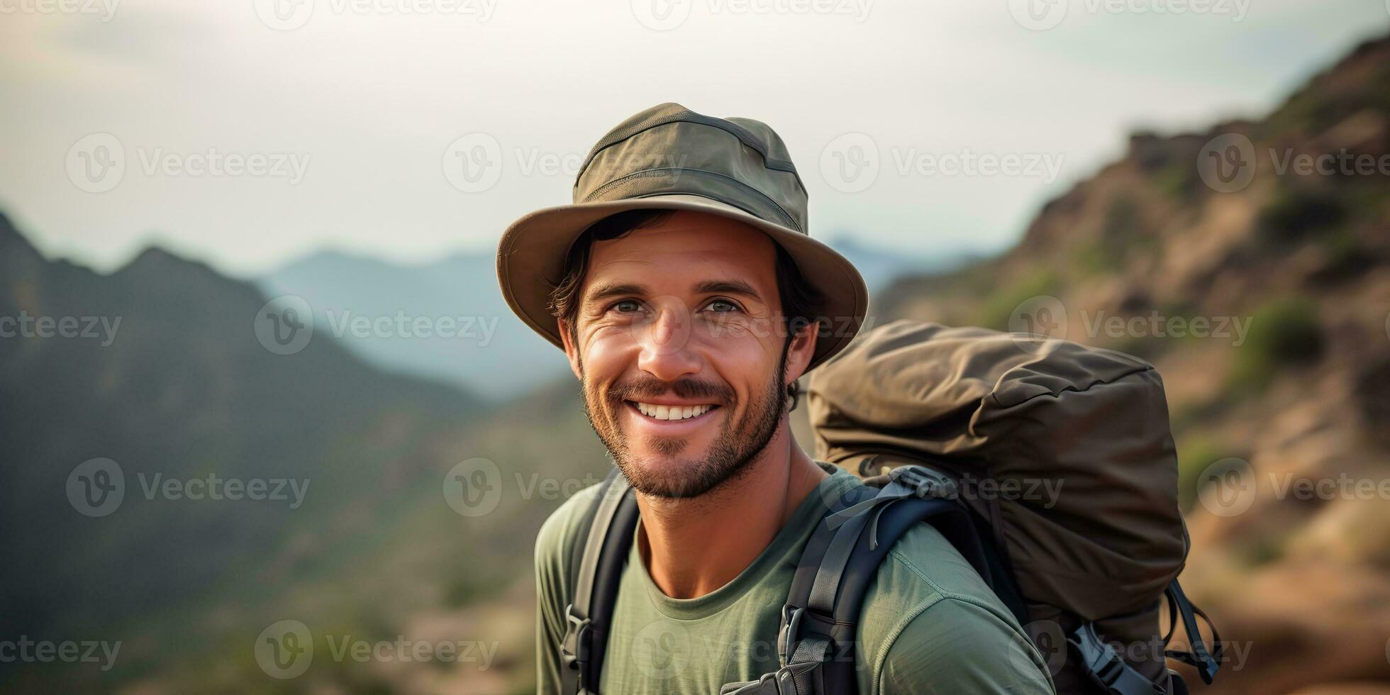 AI Generated. AI Generative. Handsome man in hat backpack trekking hiking portrait landscape adventure outdoor. Graphic Art photo