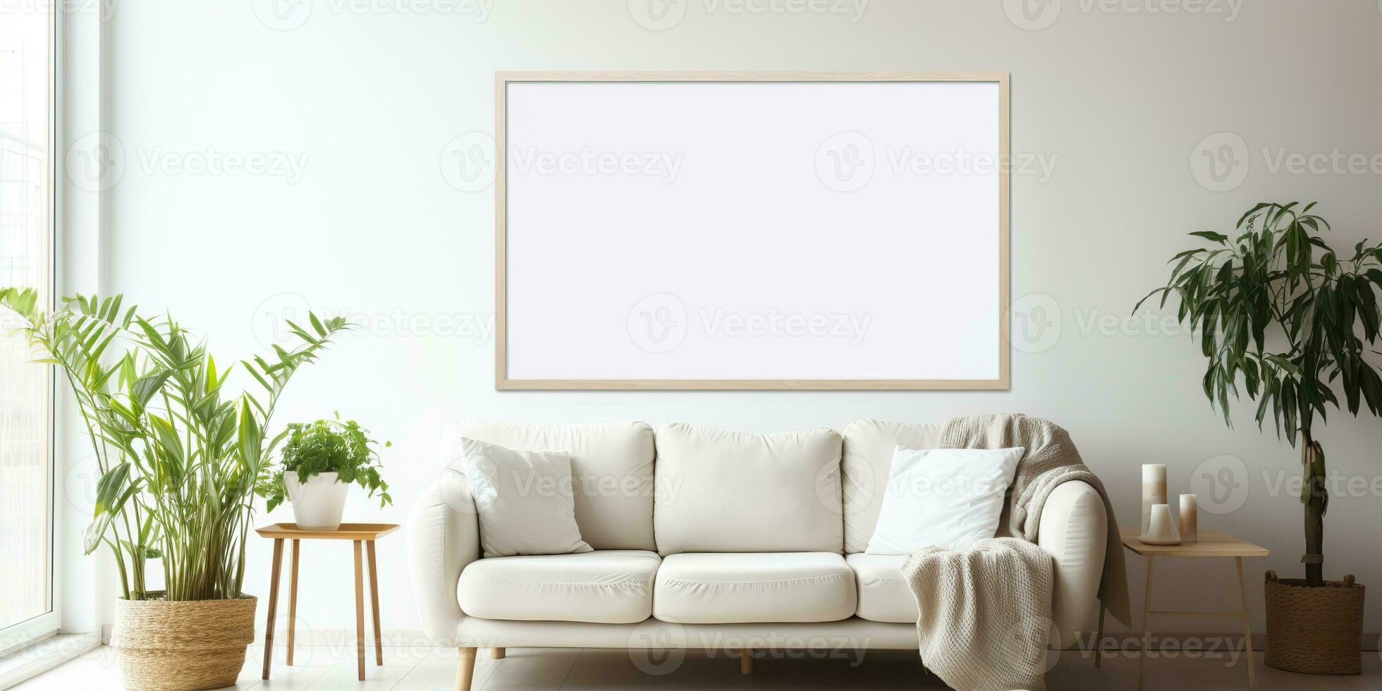 AI Generated. AI Generative. Cozy home mockup wall living room decoration frame background with plants and sofa. Graphic Art photo