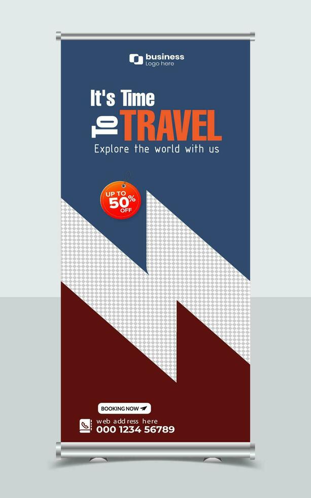 Enjoy holiday roll up banner design. Travel and tourism agency standee design template. vector